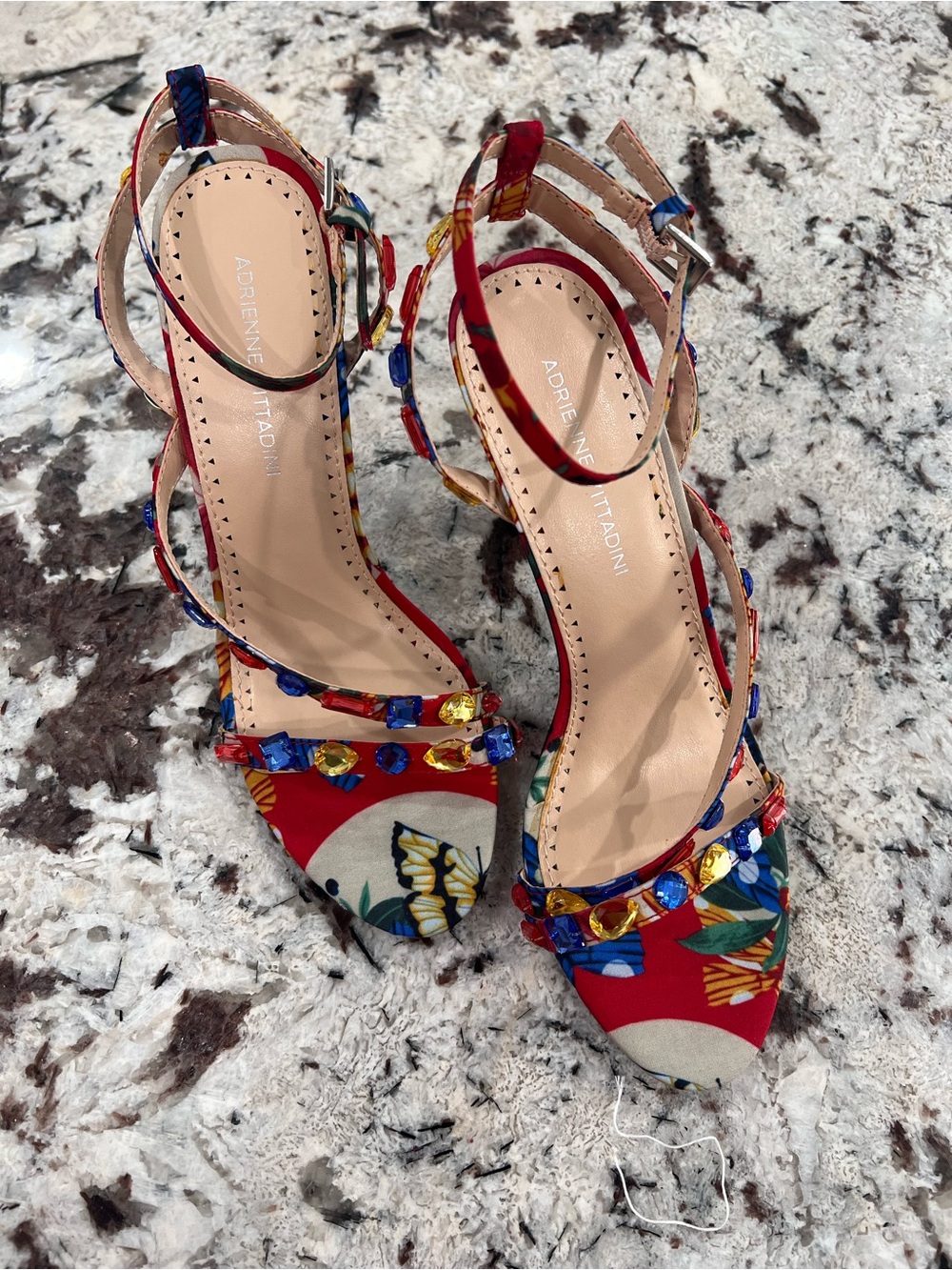 Adrienne Vittadini Red Floral Jeweled Strap High-Heel Sandals